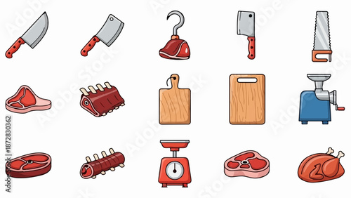 Assortment of butcher tools and meat cuts