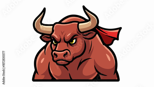Aggressive bull with red cape, powerful stance, intense yellow eyes, muscular build