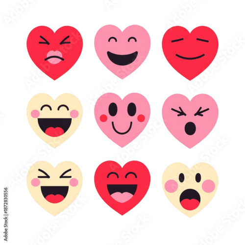Colorful heart emojis with happy and playful expressions