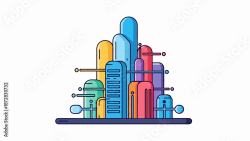 A vibrant, stylized cityscape with rounded, colorful buildings of varying heights and simple geometric accents