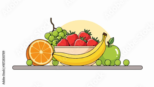 A vibrant still life illustration of assorted fruits arranged artfully on a shelf