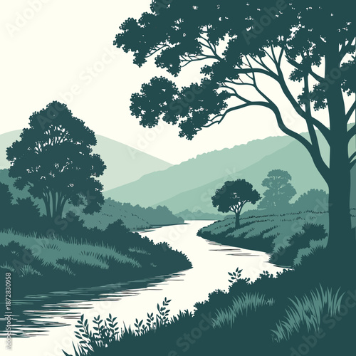 Monochromatic of winding river through mountainous landscape with trees and grass