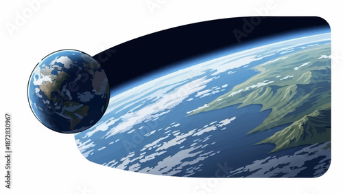 An illustrated view of Earth from orbit, showing continents, oceans, and clouds