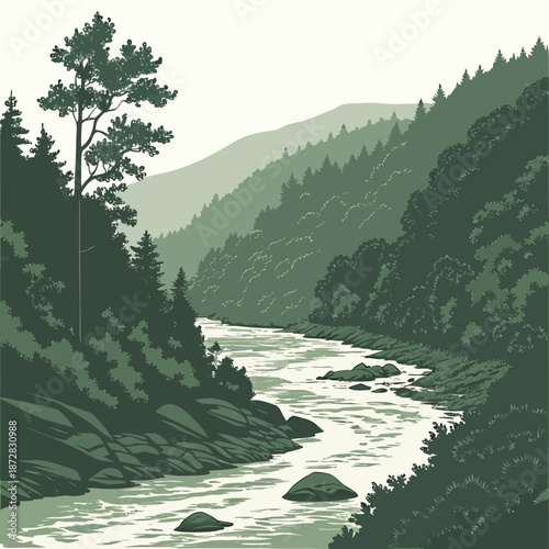 River meandering through steep forest slopes with trees and rocks