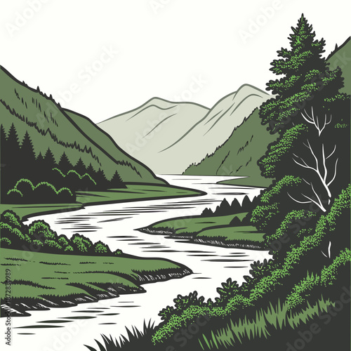 River estuary within mountainous valley landscape