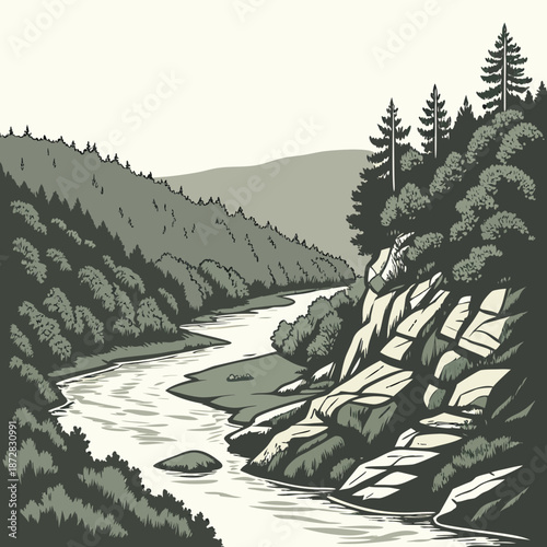 River meandering through steep forest slopes with rocky outcroppings