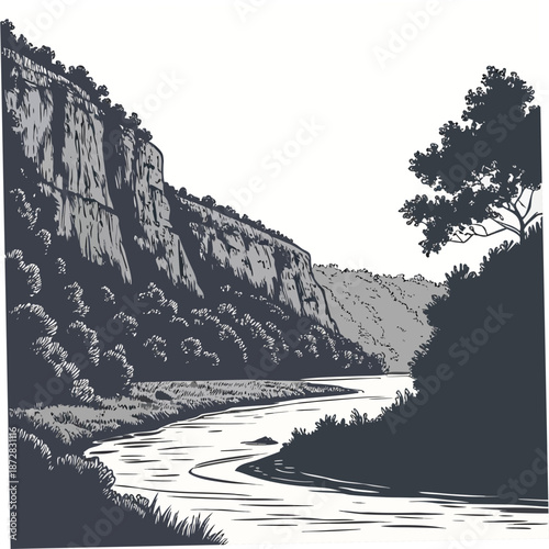 Scenic river surrounded by cliffs and sparse vegetation