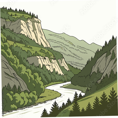 Semi realistic river gorge with sloping mountains and trees 1