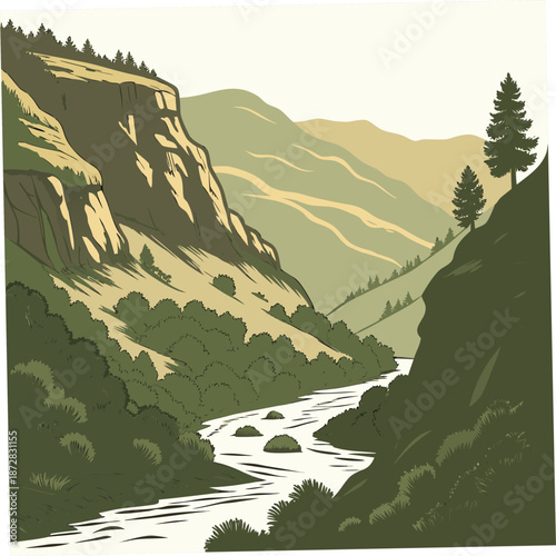 Semi realistic river gorge with sloping mountains and trees