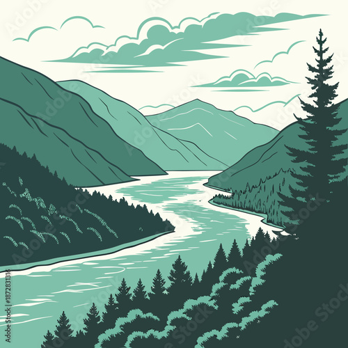 Green mountain river landscape with pine trees and clouds