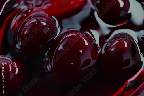 Macro shot of dark red ripe cherries submerged in glossy liquid or syrup