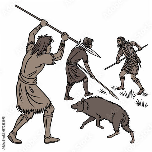 Ancient humans hunting boar with spears