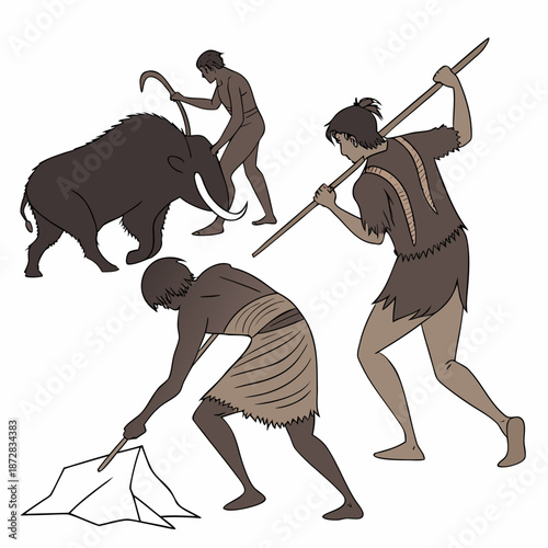 Stone age hunting scene with multiple human figures and a large animal