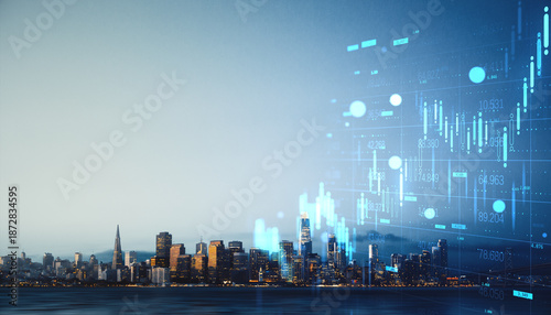 Photos San Francisco skyline blended with digital financial data charts on light gradient background illustrating modern investment and market analysis concepts