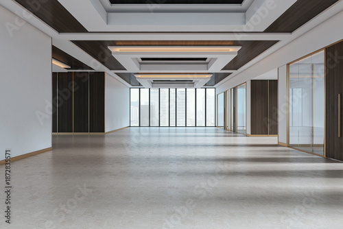 Quadro su tela Modern empty corridor with glass partitions and ceiling lights in a spacious office interior with city view through large windows