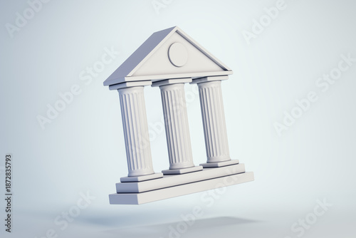 Floating white bank icon with classical columns and triangular pediment on light background representing modern financial institution concept. 3D Rendering