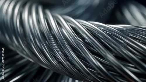 Ultra-close-up of an aluminum wire bundle twisting slowly with soft reflections and visible micro-scratches, cinematic 4K.
