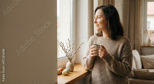 A woman in a cozy sweater stands by the window, holding a cup and gazing thoughtfully outside. The peaceful, contemplative moment reflects a calm atmosphere, perfect for enjoying a quiet holiday or re