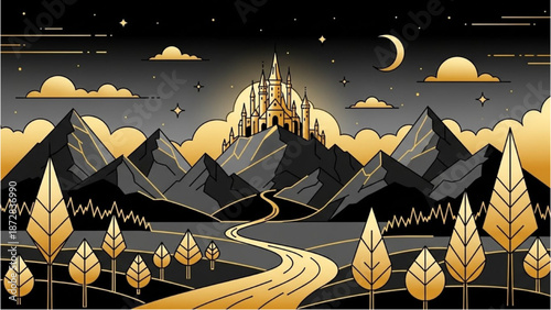 A winding road leads to a majestic castle under a starry night sky with mountains and trees