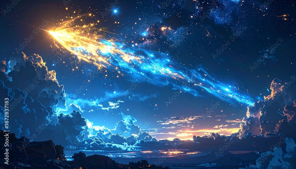 Fototapeta premium 青と金の光が夜空を裂く幻想的な隕石のイメージ