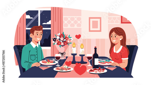 Romantic couple sharing a candlelight dinner at home on Valentine’s Day, flat vector illustration with solid colors, clean outlines, love, intimacy, and lifestyle theme