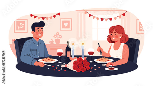 Romantic couple sharing a candlelight dinner at home on Valentine’s Day, flat vector illustration with solid colors, clean outlines, love, intimacy, and lifestyle theme