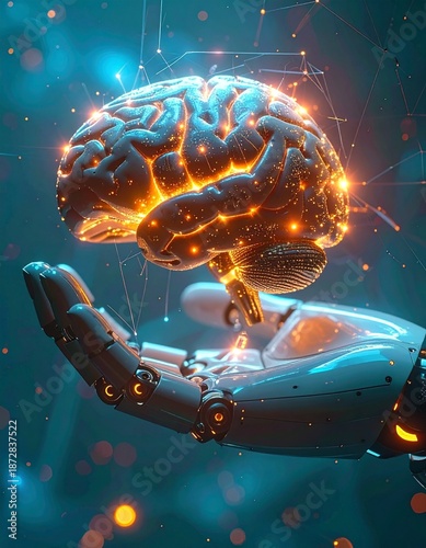 Futuristic conceptual illustration depicting artificial intelligence as a glowing human brain floating above a robotic hand.