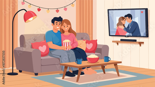 Cozy couple watching a romantic movie together at home on Valentine’s Day, flat vector illustration with solid colors, clean outlines, love and lifestyle entertainment concept