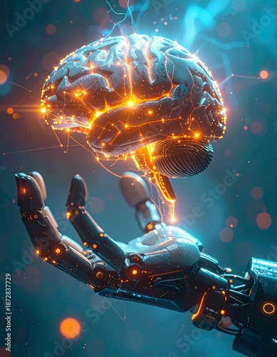 Futuristic conceptual illustration depicting artificial intelligence as a glowing human brain floating above a robotic hand.