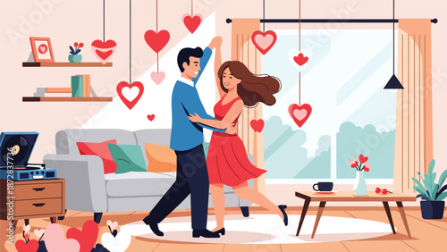 Joyful couple dancing together at home with Valentine decorations, flat vector illustration with solid colors and clean outlines, celebration of love and relationship theme