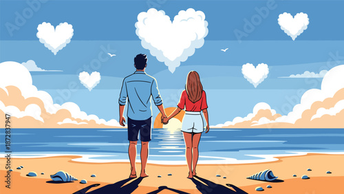 Romantic couple walking along the beach at sunset on Valentine’s Day, flat vector illustration with solid colors, clean outlines, seaside love and lifestyle theme