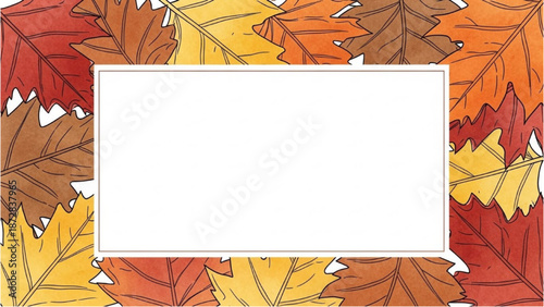 A vibrant arrangement of autumn leaves surrounding a blank white rectangular frame from a directly overhead viewpoint
