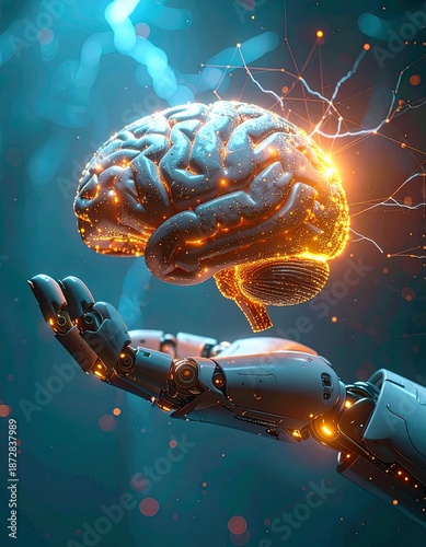 Futuristic conceptual illustration depicting artificial intelligence as a glowing human brain floating above a robotic hand.