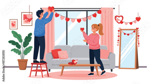 Couple decorating their home with Valentine ornaments together, flat vector illustration with solid colors and clean outlines, playful love and lifestyle preparation concept