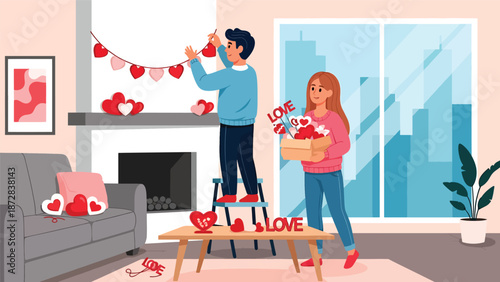 Couple decorating their home with Valentine ornaments together, flat vector illustration with solid colors and clean outlines, playful love and lifestyle preparation concept