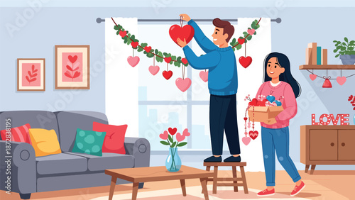 Couple decorating their home with Valentine ornaments together, flat vector illustration with solid colors and clean outlines, playful love and lifestyle preparation concept