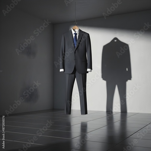 Empty Suit Hanging Upright
Description: A business suit standing without a body.