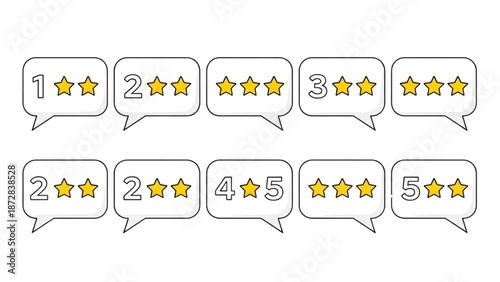 Customer reviews with star ratings in speech bubbles on a clean white background