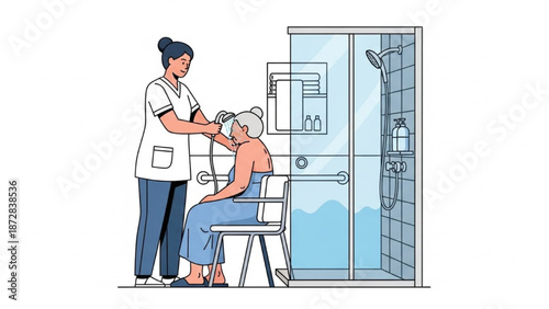 Healthcare professional assisting elderly woman with shower in modern bathroom setting