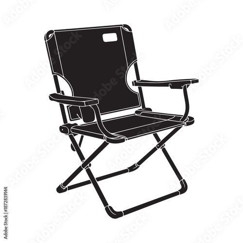 A simple black and white illustration of a foldable camping chair with armrests and a high back