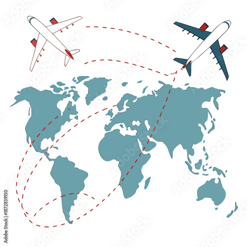 Global air travel routes around the map with airplanes