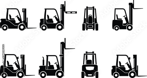 Forklift icon illustration set, warehouse industrial vehicles, black silhouette loader symbols, material handling logistics transport equipment, shipping industry vector collection