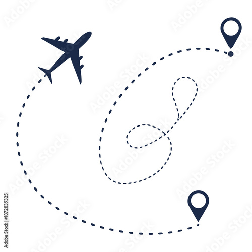 Airplane flying on dotted route with map pins travel route