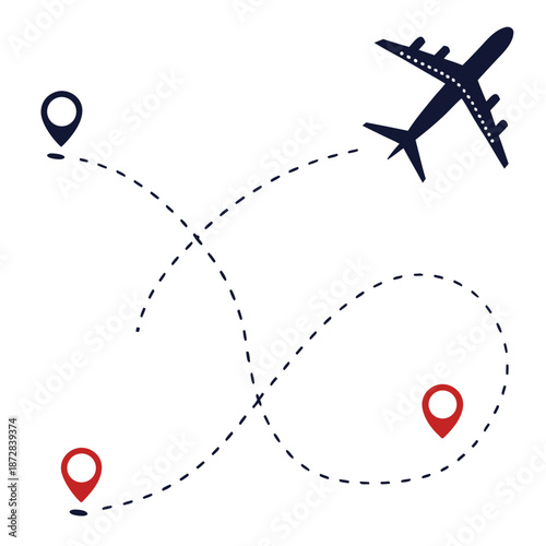 Airplane journey visualization with dotted path and location pins