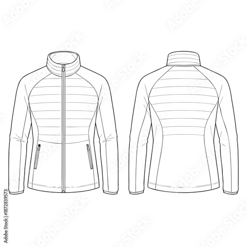 Technical sketch of a womens quilted puffer jacket with full zip and stand collar.