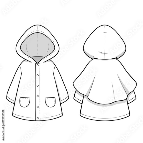 Childrens Raincoat Flat Sketch Front and Back View.