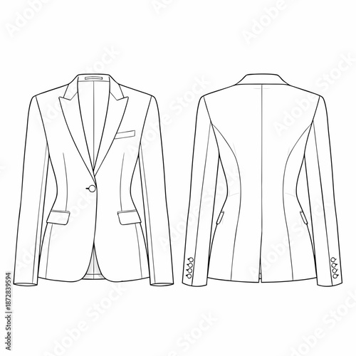 Technical sketch of a womens singlebreasted blazer with notched lapels and flap pockets.