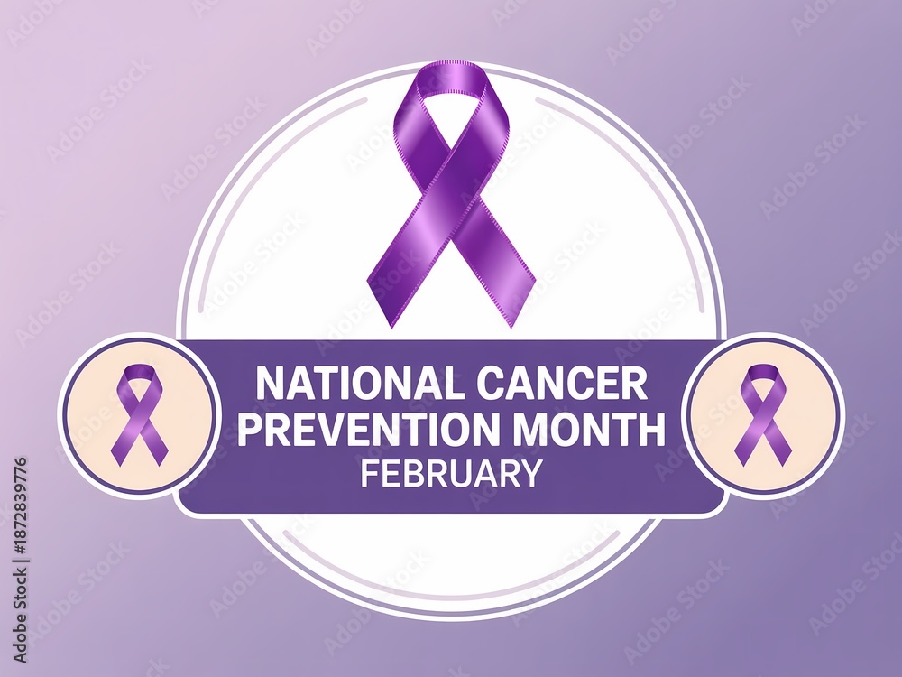 Fototapeta premium National cancer prevention month february purple ribbon awareness symbol for health campaign on purple background
