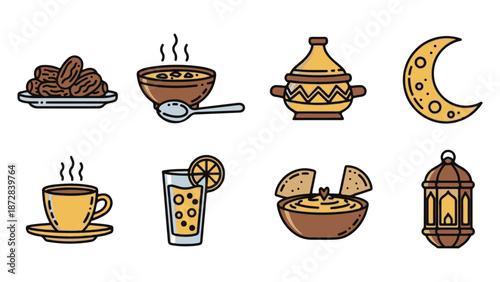 Flat Design Islamic Icons with Warm Color Palette on White