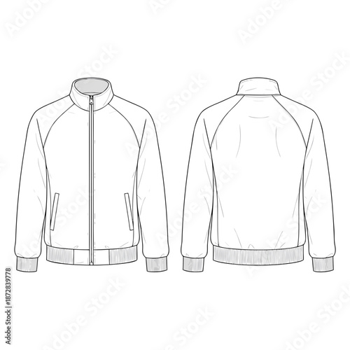 Technical drawing of a mens bomber jacket with raglan sleeves.